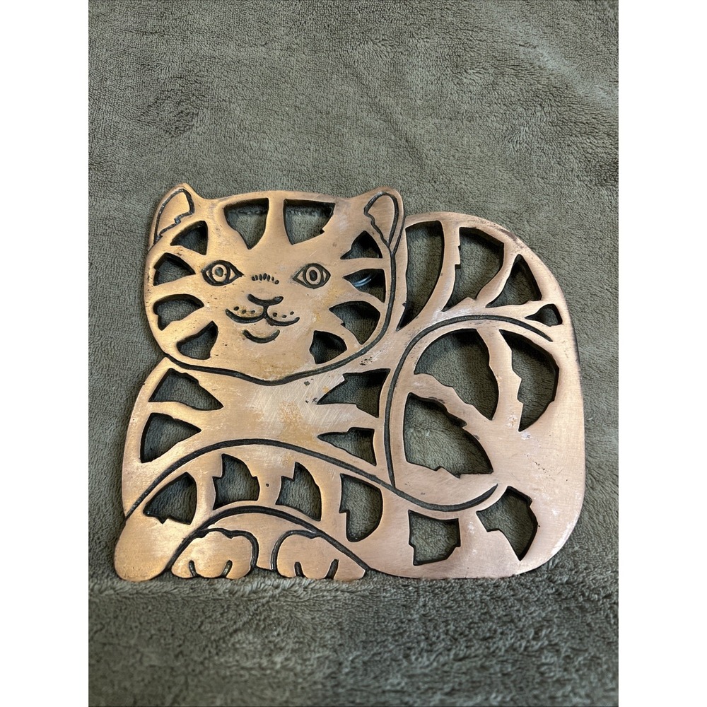 Vtg ODI Copper Cat Trivet 1983 Old Dutch Taiwan Cast Iron Wall Hanging Farmhouse